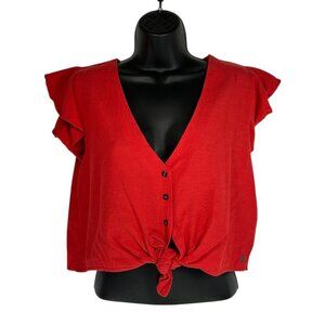 ROXY Crop Top Sz L Red Tie Front Button VNeck Flutter Sleeve Cotton Linen Blend